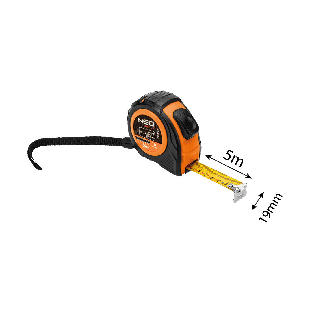 Rolovací oceľový meter 5 m x 19 mm, automatické blokovanie, dve tlačidlá na zastavenie od NEO TOOLS nájdeš na naravis.sk