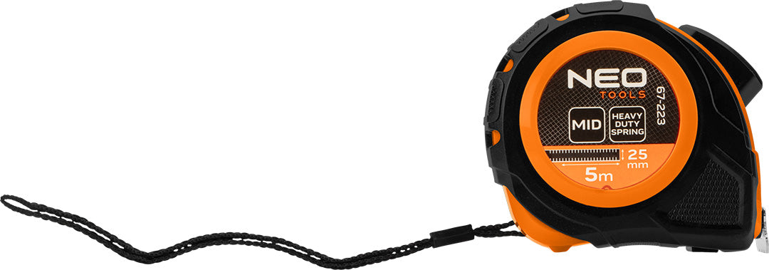 Rolovací oceľový meter 5 m x 25 mm, automatické blokovanie, dve tlačidlá na zastavenie od NEO TOOLS nájdeš na naravis.sk