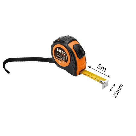 Rolovací oceľový meter 5 m x 25 mm, automatické blokovanie, dve tlačidlá na zastavenie od NEO TOOLS nájdeš na naravis.sk