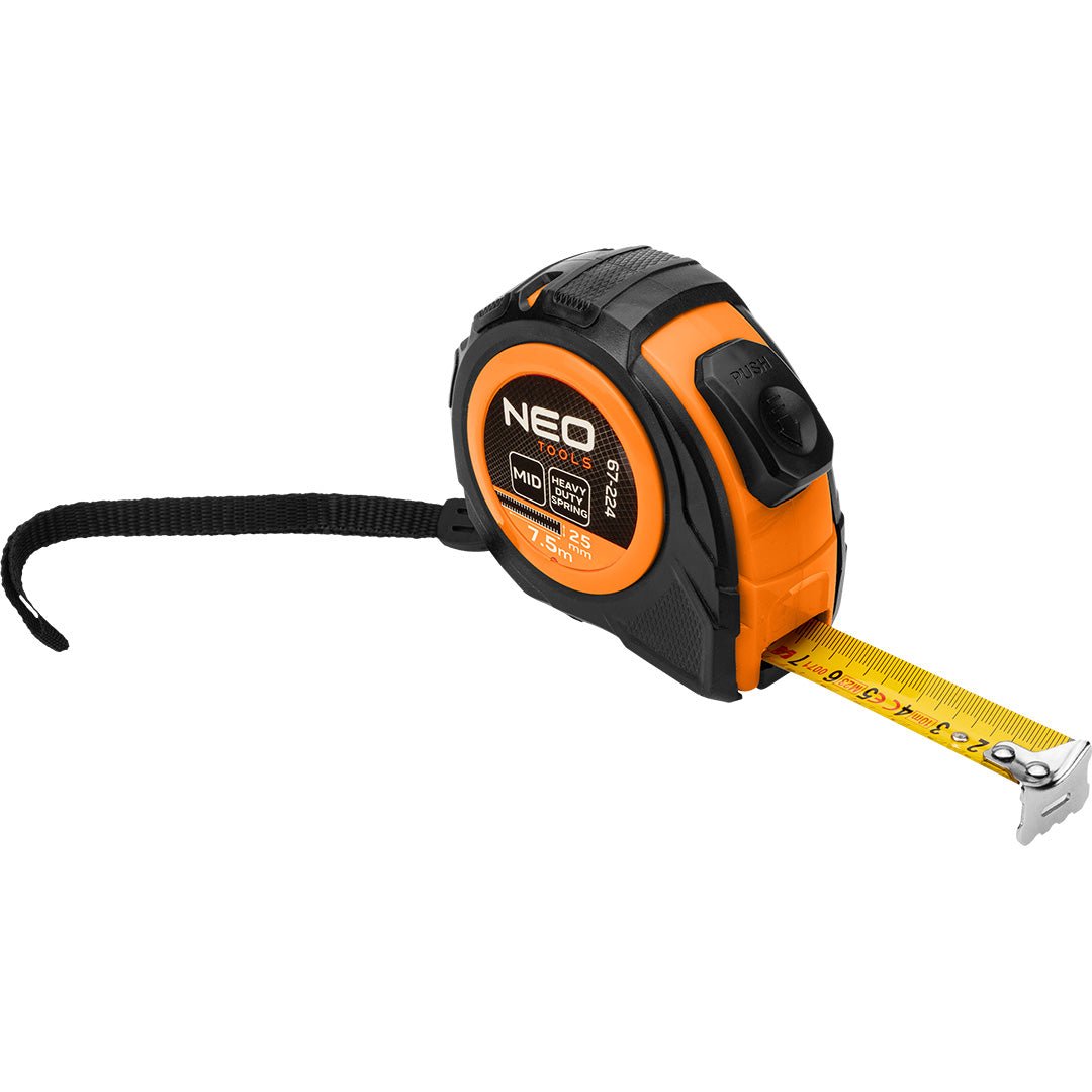 Valcovaný oceľový meter 7,5 m x 25 mm, automatické blokovanie, dve tlačidlá na zastavenie od NEO TOOLS nájdeš na naravis.sk