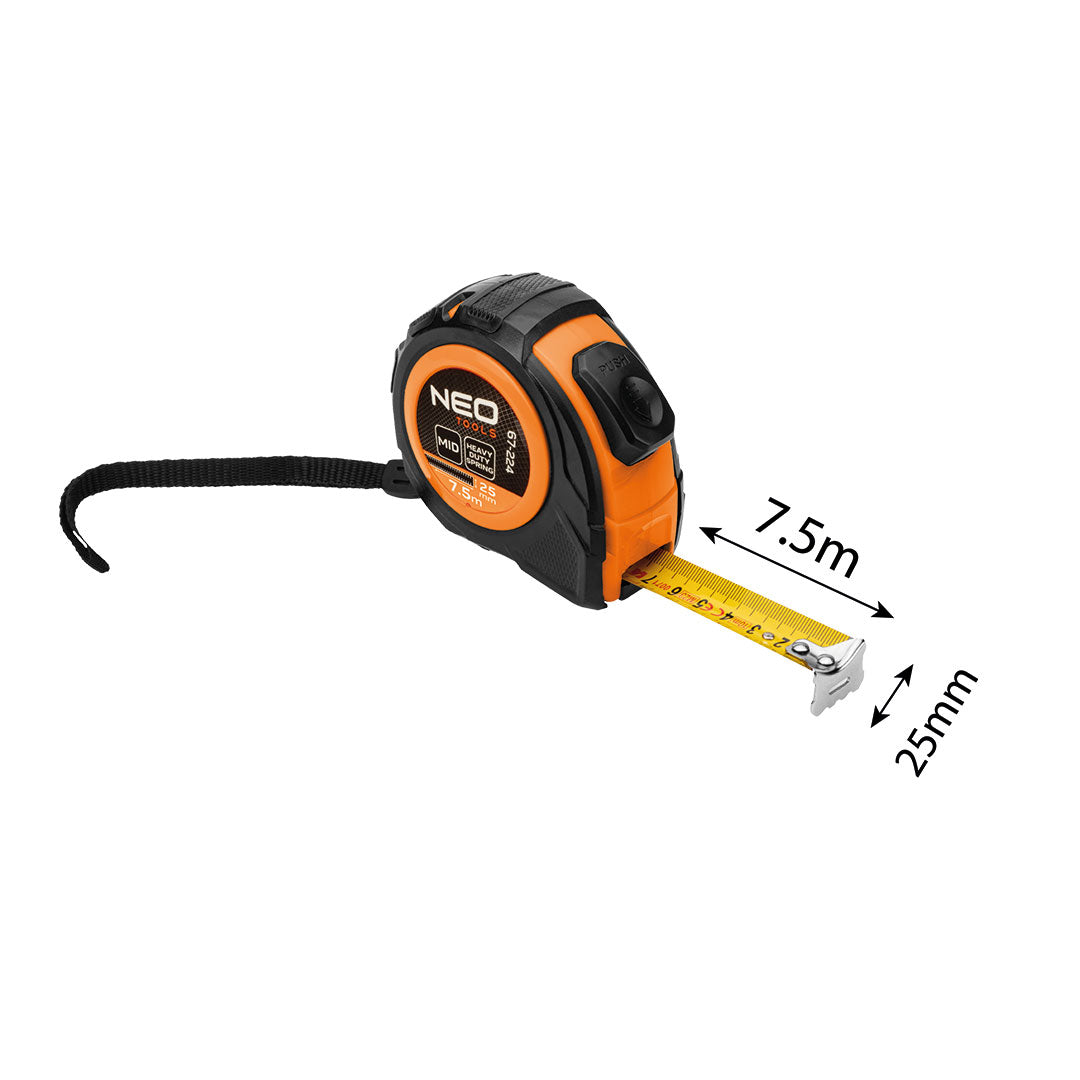 Valcovaný oceľový meter 7,5 m x 25 mm, automatické blokovanie, dve tlačidlá na zastavenie od NEO TOOLS nájdeš na naravis.sk