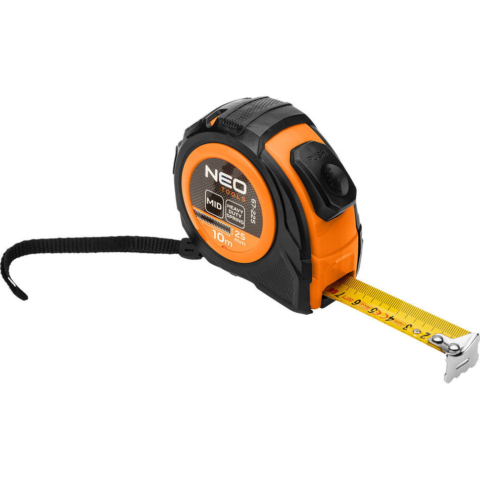 Výsuvný oceľový meter 10 m x 25 mm, automatické blokovanie, dve tlačidlá na zastavenie od NEO TOOLS nájdeš na naravis.sk