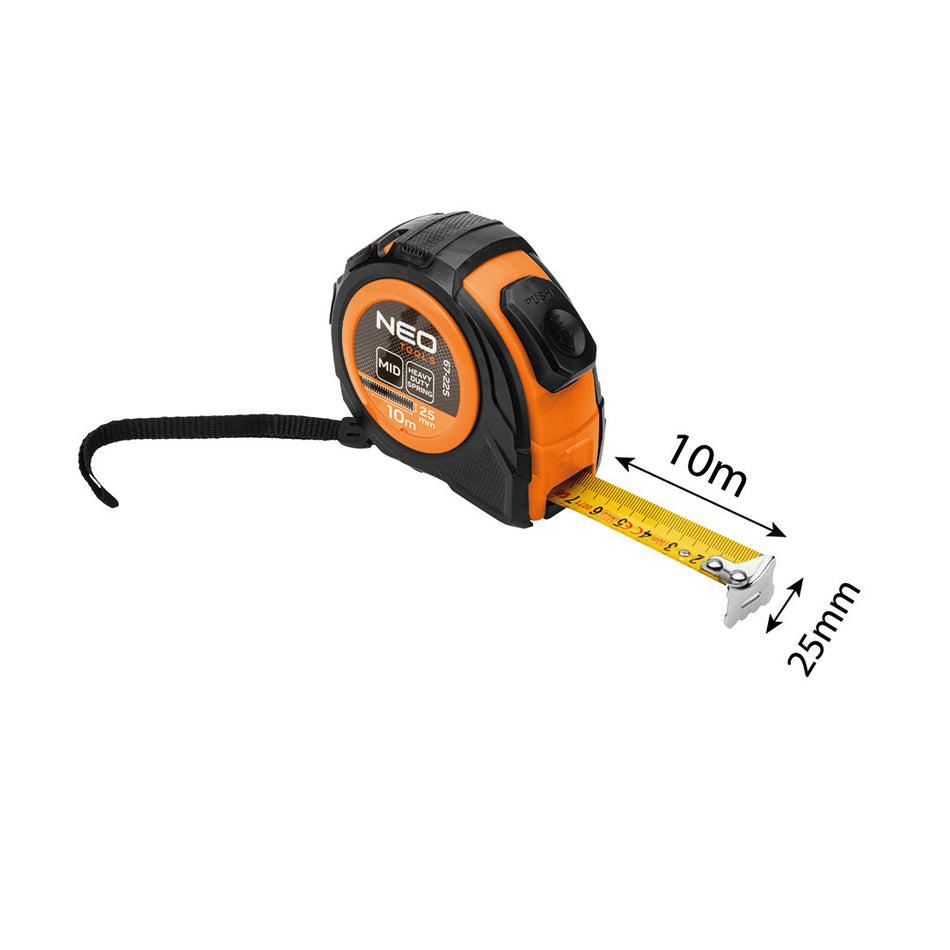 Výsuvný oceľový meter 10 m x 25 mm, automatické blokovanie, dve tlačidlá na zastavenie od NEO TOOLS nájdeš na naravis.sk