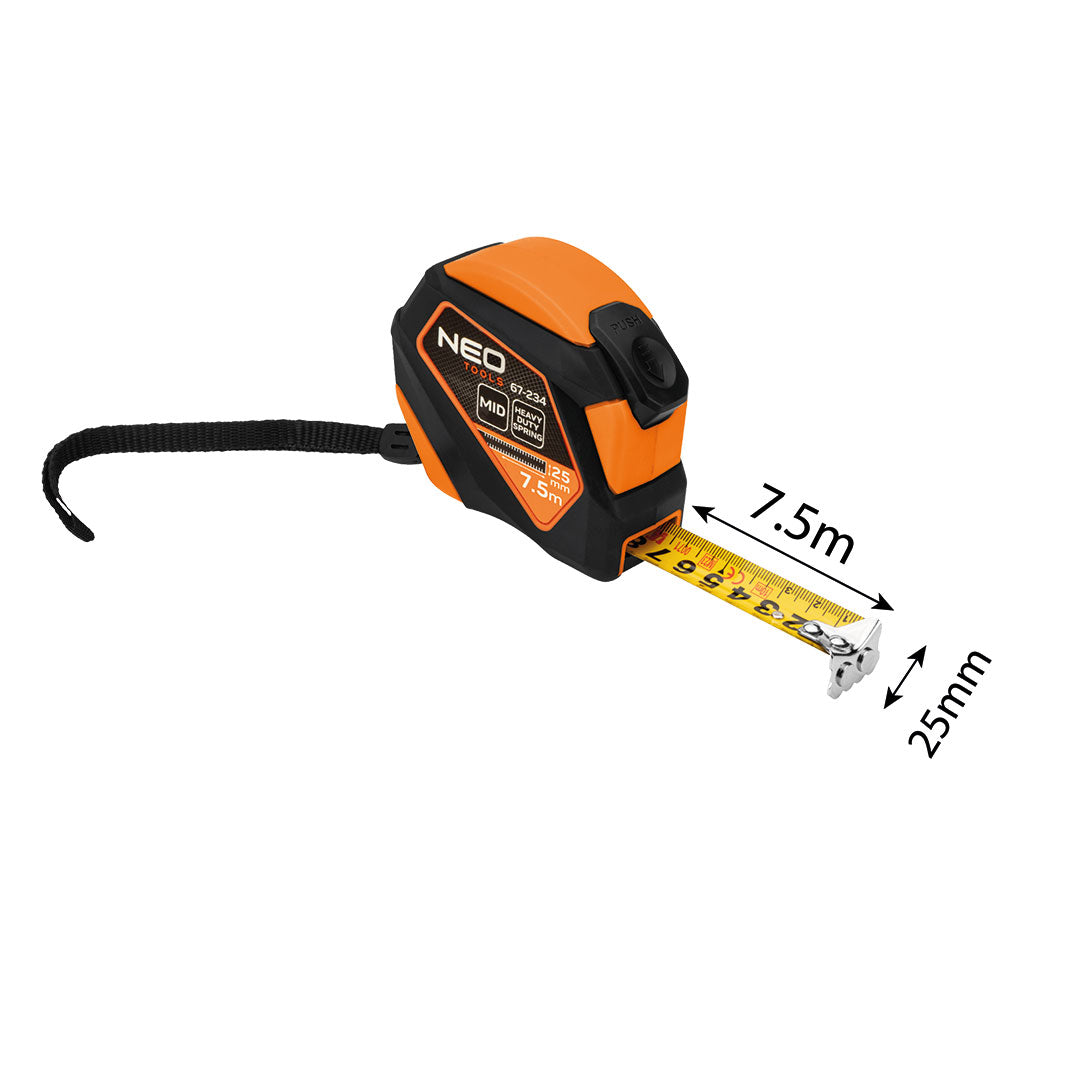 Valcovaný oceľový meter 7,5 m x 25 mm, automatický zámok, tlačidlo stop, magnet od NEO TOOLS nájdeš na naravis.sk