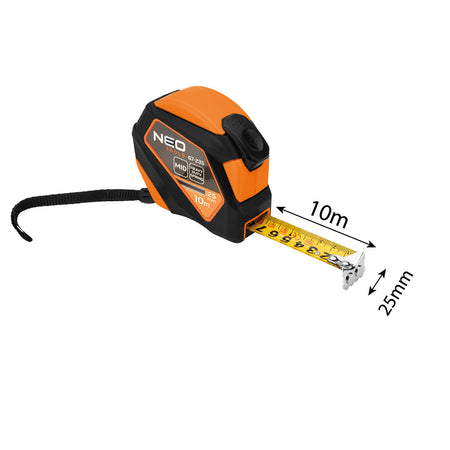 Oceľový meter 10 m x 25 mm, automatické blokovanie, tlačidlo stop, magnet od NEO TOOLS nájdeš na naravis.sk