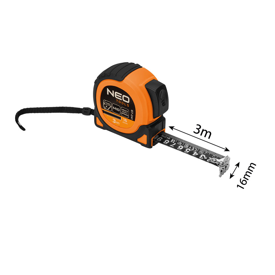 Super čierna oceľová valcová miera 3 m x 16 mm, automatické blokovanie, dve tlačidlá na zastavenie, magnet od NEO TOOLS nájdeš na naravis.sk