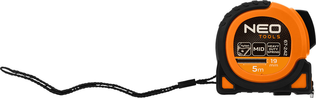 Oceľový meter Super Black 5 m x 19 mm, automatický zámok, dve tlačidlá na zastavenie, magnet od NEO TOOLS nájdeš na naravis.sk