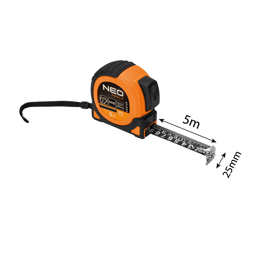 Super čierny oceľový stočený meter 5 m x 25 mm, automatický zámok, dve tlačidlá na zastavenie, magnet od NEO TOOLS nájdeš na naravis.sk