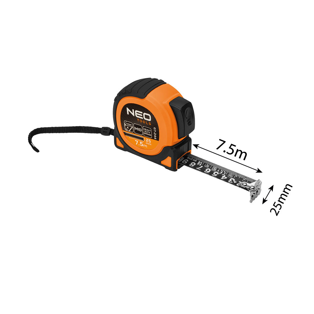 Oceľový meter Super Black 7,5 m x 25 mm, automatický zámok, dve tlačidlá na zastavenie, magnet od NEO TOOLS nájdeš na naravis.sk