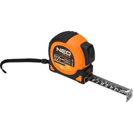 Super čierna oceľová valcová miera 10 m x 25 mm, automatické blokovanie, dve tlačidlá na zastavenie, magnet od NEO TOOLS nájdeš na naravis.sk