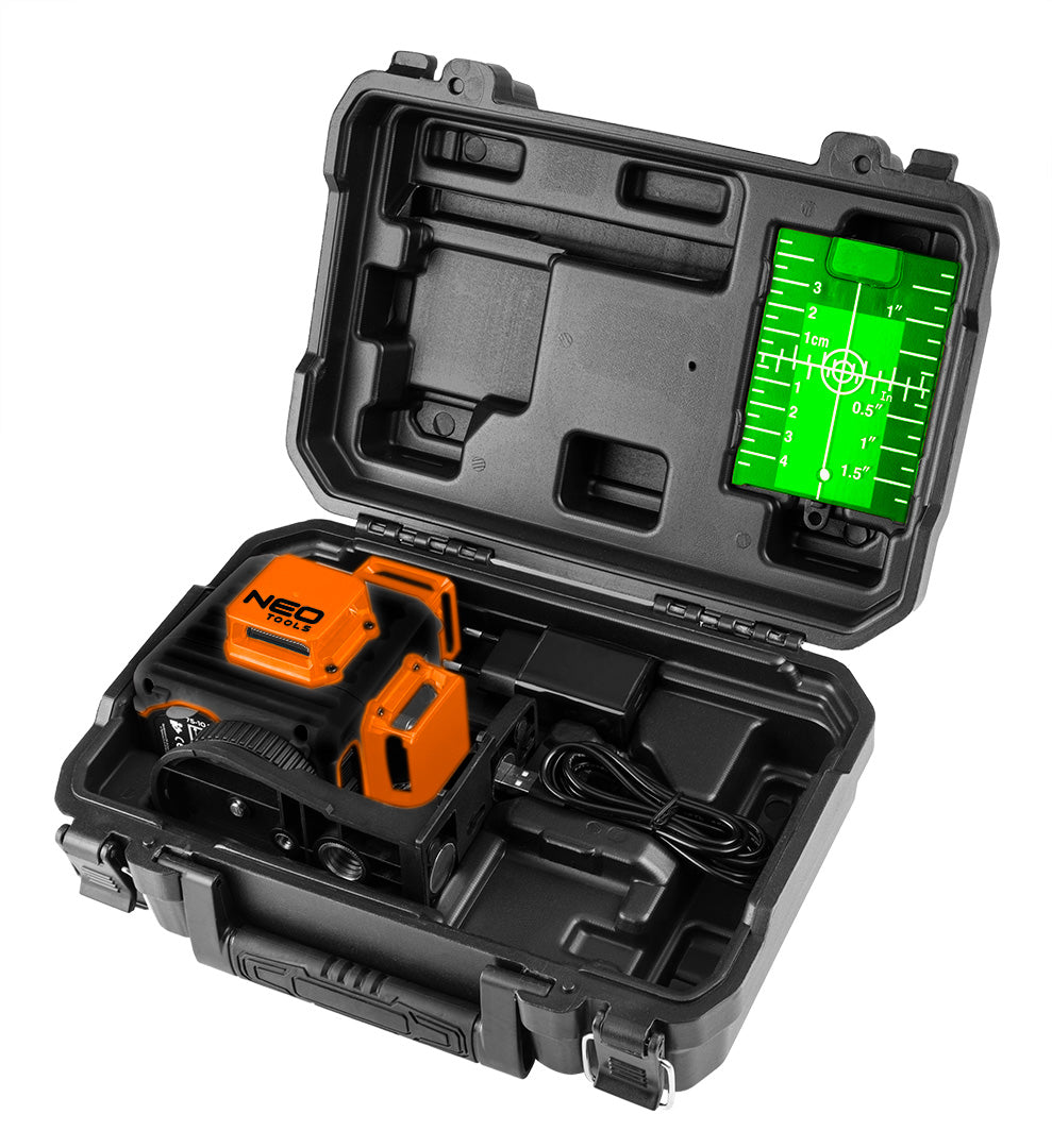 3D laser, zelený, puzdro, cieľová doska, magnetický držiak, nabíjačka od NEO TOOLS nájdeš na naravis.sk