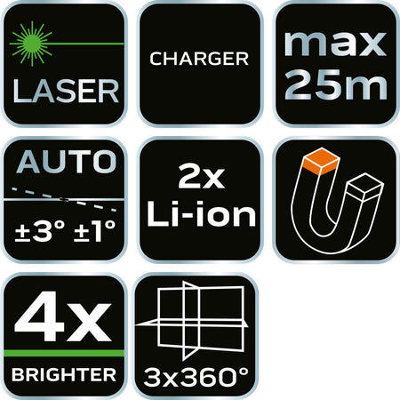 3D laser, 12 línií, zelený, puzdro, cieľová doska, magnetický držiak, nabíjačka od NEO TOOLS nájdeš na naravis.sk