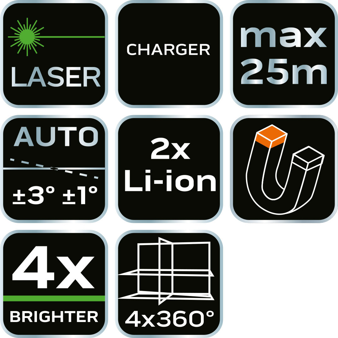 3D laser, 16 línií, zelený, puzdro, cieľová doska, magnetický držiak, nabíjačka od NEO TOOLS nájdeš na naravis.sk