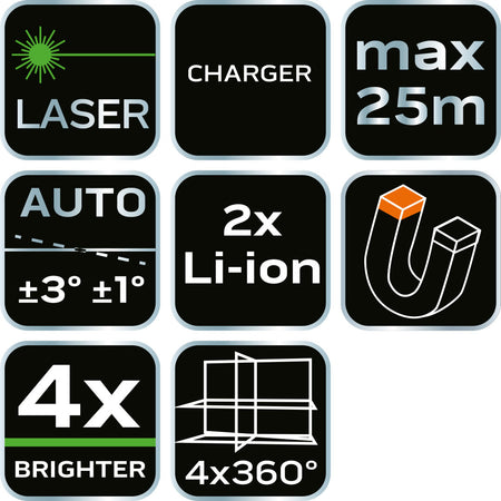 3D laser, 16 línií, zelený, puzdro, cieľová doska, magnetický držiak, nabíjačka od NEO TOOLS nájdeš na naravis.sk