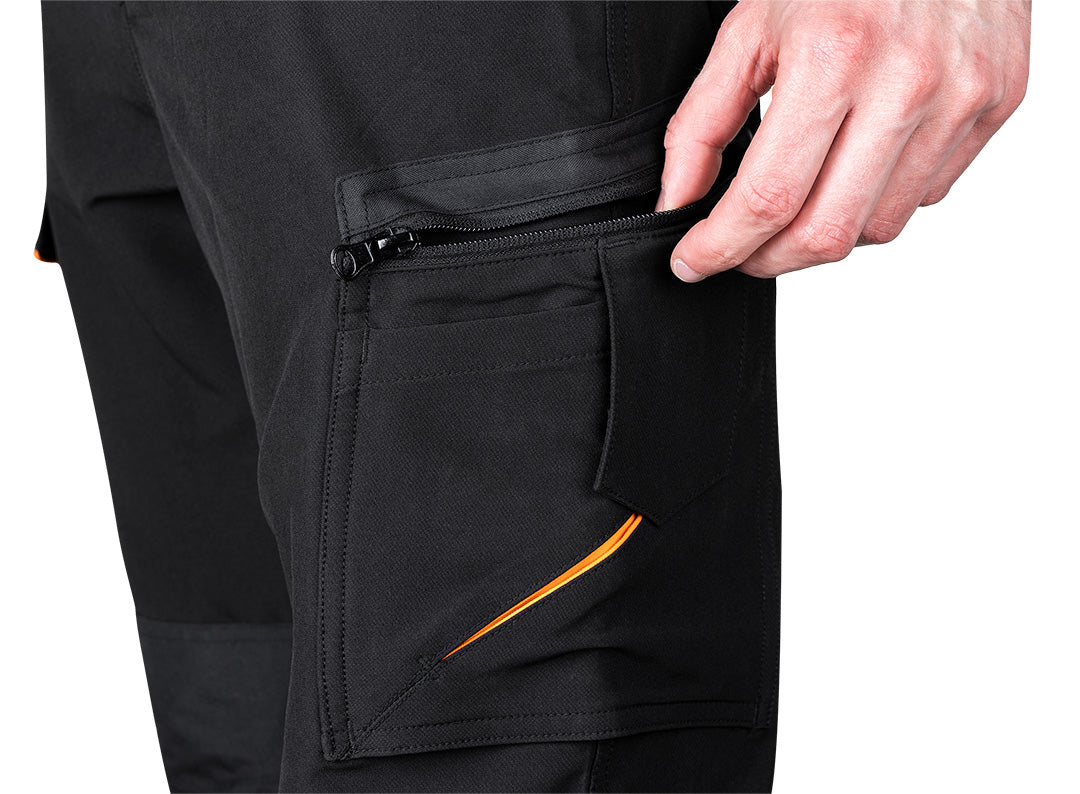Pracovné nohavice Mix&Match, 4-cestný elastický materiál, čierno-oranžové, veľkosť XXL od NEO TOOLS nájdeš na naravis.sk