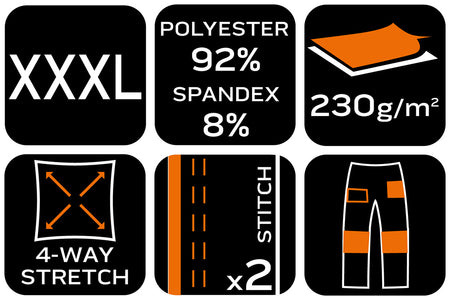 Pracovné nohavice Mix&Match, 4-cestný elastický materiál, čierno-oranžové, veľkosť XXXL od NEO TOOLS nájdeš na naravis.sk