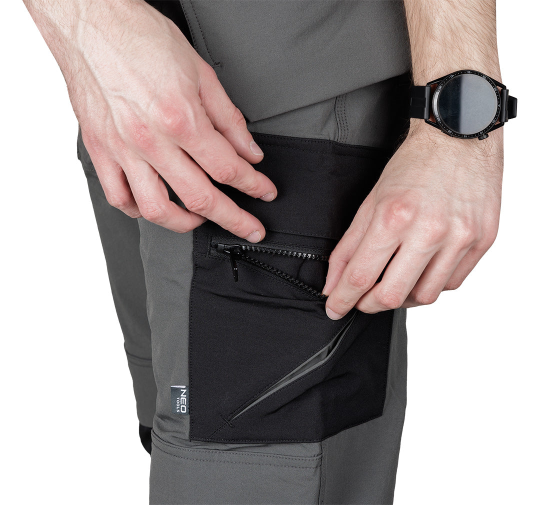 Pracovné nohavice Mix&Match, 4-cestný elastický materiál, s puzdrami, Cordura, šedá/čierna, veľkosť XL od NEO TOOLS nájdeš na naravis.sk