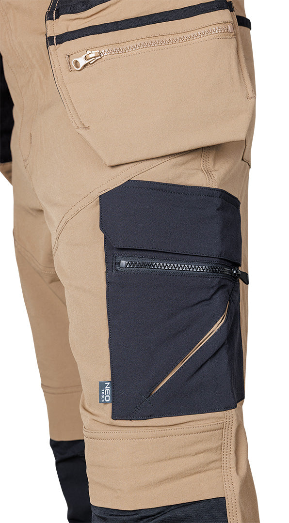 Pracovné nohavice Mix&Match, 4-cestný streč, s puzdrami, Cordura, béžová/čierna, veľkosť S od NEO TOOLS nájdeš na naravis.sk