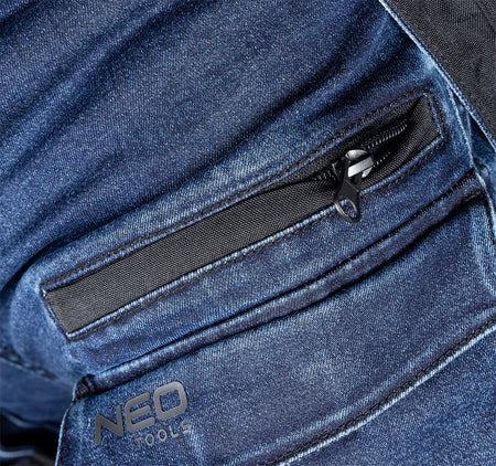Pracovné nohavice DENIM, zosilnená Cordura, odnímateľné vrecká, námornícka modrá, veľkosť XL od NEO TOOLS nájdeš na naravis.sk
