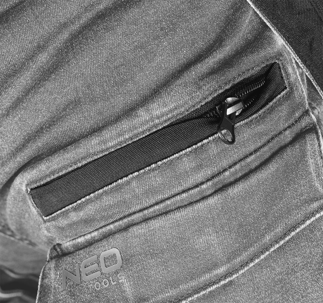 Pracovné nohavice DENIM, vystužené Cordurou, odnímateľné vrecká, sivé, veľkosť S od NEO TOOLS nájdeš na naravis.sk