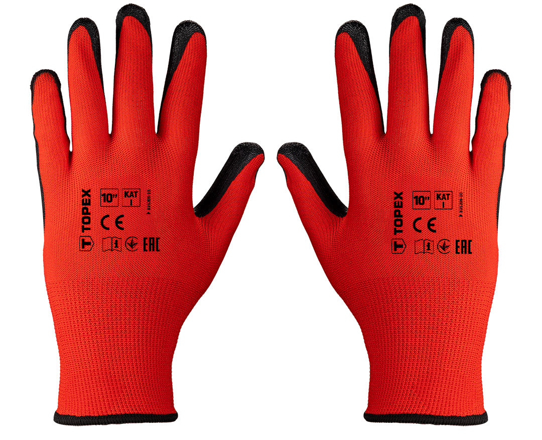 Pracovné rukavice, polyester s latexovým povlakom (hladké), kat. 1, veľkosť 10 od TOPEX nájdeš na naravis.sk
