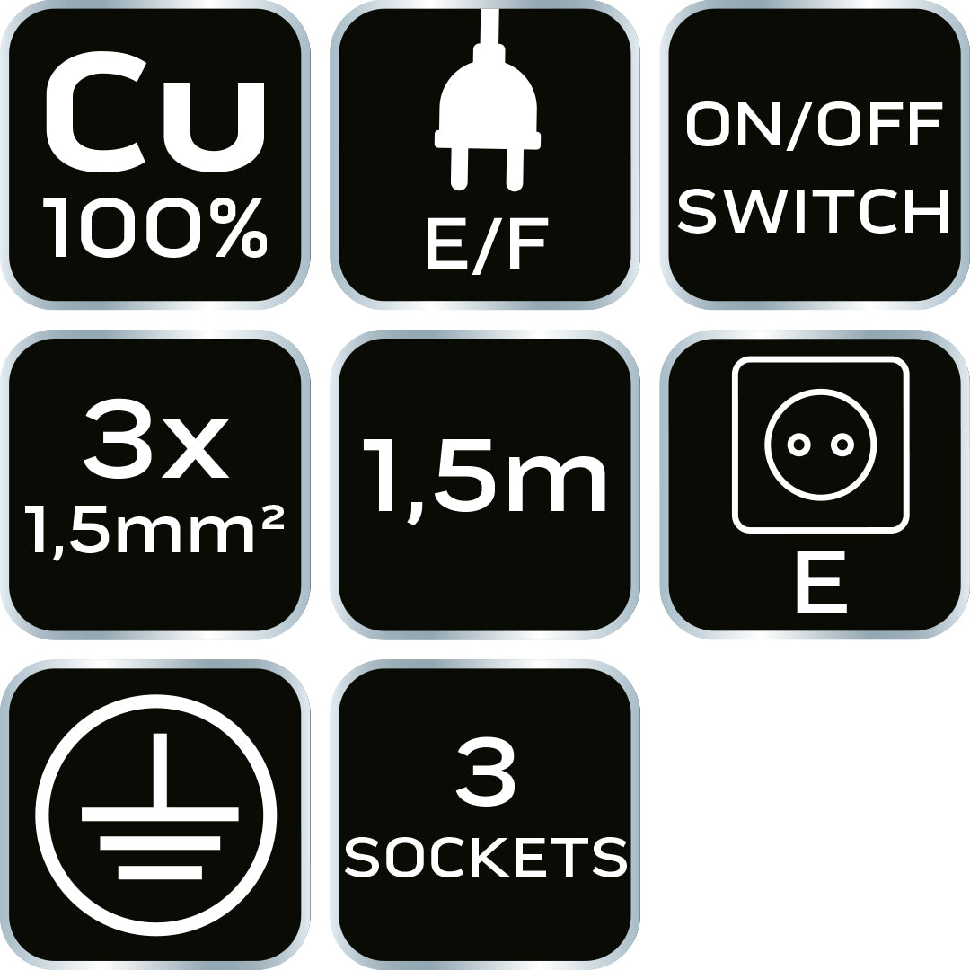 Predlžovací kábel 1,5 m, 3x1,5 mm2, 3G, biely, ON/OFF od NEO TOOLS nájdeš na naravis.sk