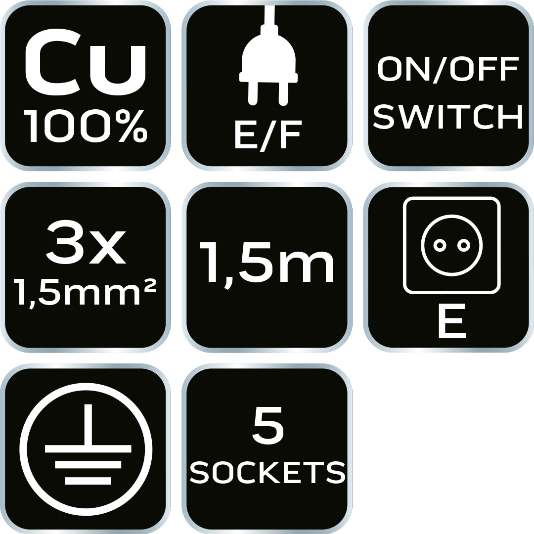 Predlžovací kábel 1,5 m, 3x1,5 mm2, 5G, biely, ON/OFF od NEO TOOLS nájdeš na naravis.sk