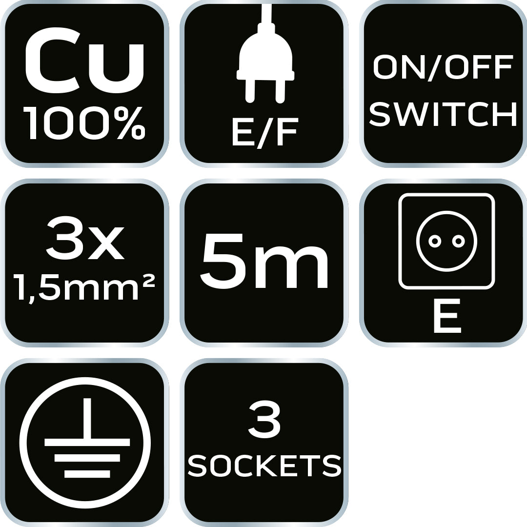 Predlžovací kábel 5 m, 3x1,5 mm2, 3G, biely, ON/OFF od NEO TOOLS nájdeš na naravis.sk