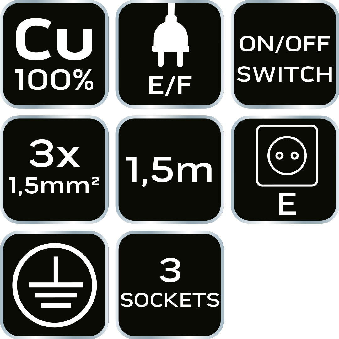Predlžovací kábel 1,5 m, 3x1,5 mm2, 3G, čierny, ON/OFF od NEO TOOLS nájdeš na naravis.sk
