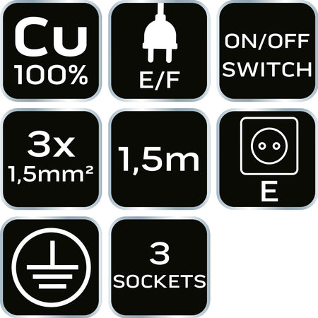 Predlžovací kábel 1,5 m, 3x1,5 mm2, 3G, čierny, ON/OFF od NEO TOOLS nájdeš na naravis.sk