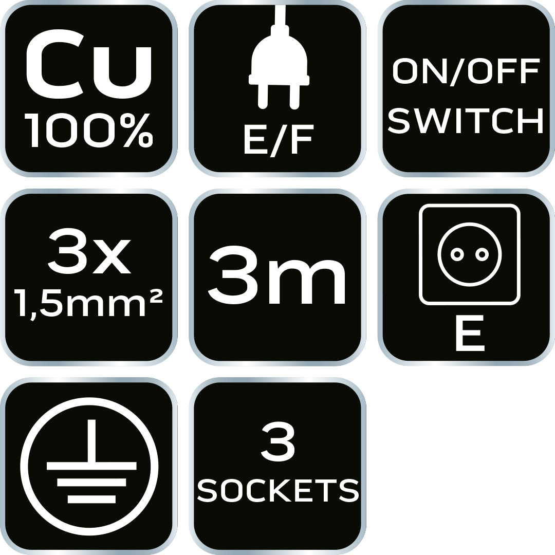 Predlžovací kábel 3 m, 3x1,5 mm2, 3G, čierny, ON/OFF od NEO TOOLS nájdeš na naravis.sk