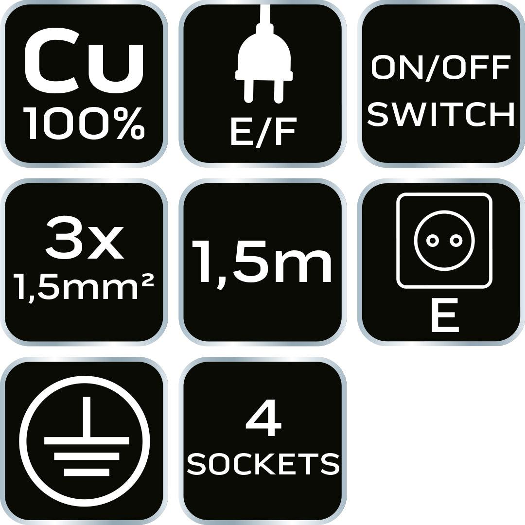 Predlžovací kábel 1,5 m, 3x1,5 mm2, 4G, čierny, ON/OFF od NEO TOOLS nájdeš na naravis.sk