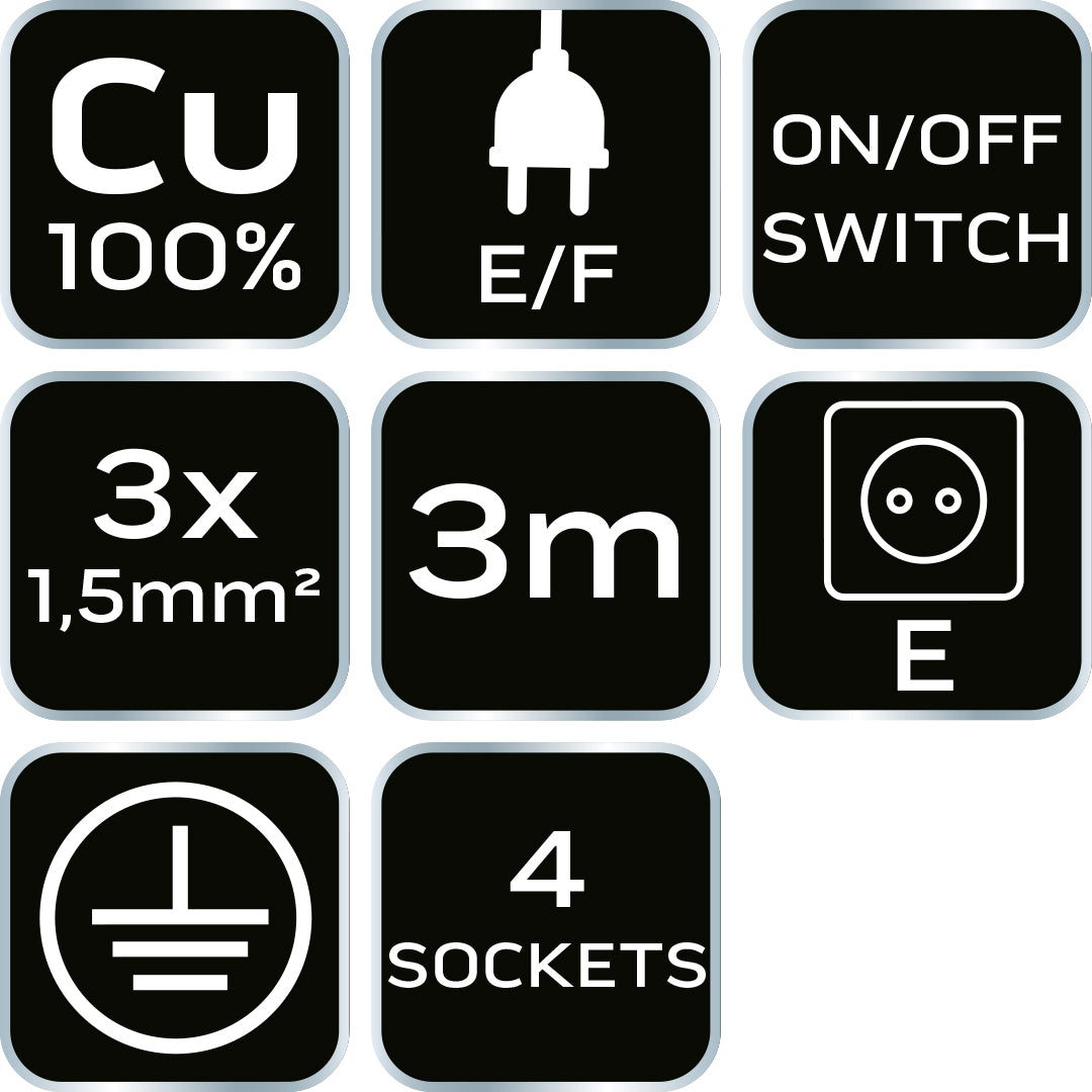 Predlžovací kábel 3 m, 3x1,5 mm2, 4G, čierny, ON/OFF od NEO TOOLS nájdeš na naravis.sk