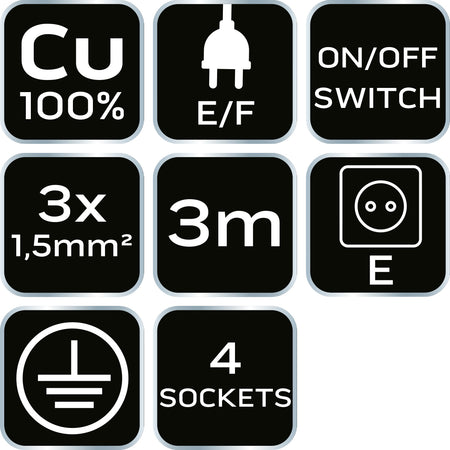 Predlžovací kábel 3 m, 3x1,5 mm2, 4G, čierny, ON/OFF od NEO TOOLS nájdeš na naravis.sk