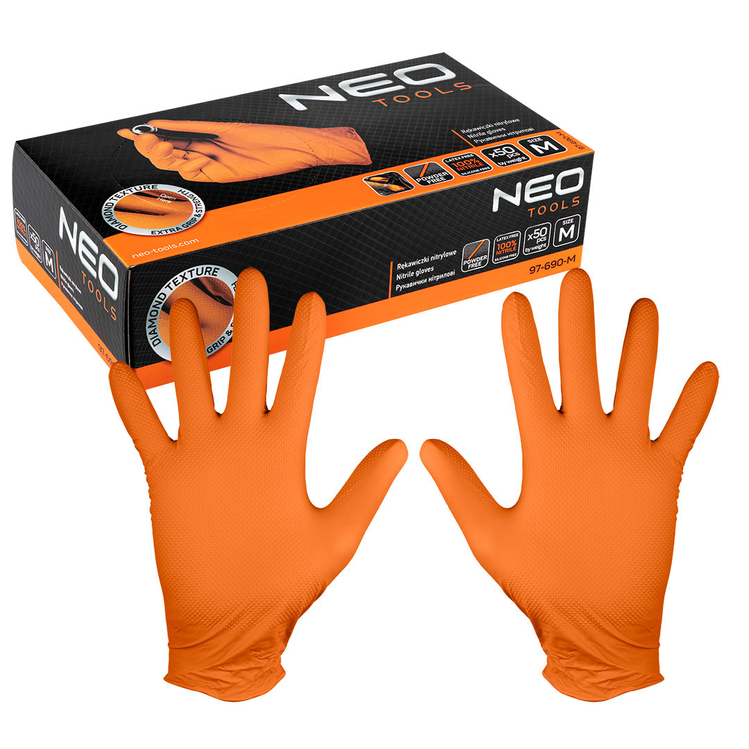 Perforované nitrilové rukavice, oranžové, 50 kusov, veľkosť M od NEO TOOLS nájdeš na naravis.sk
