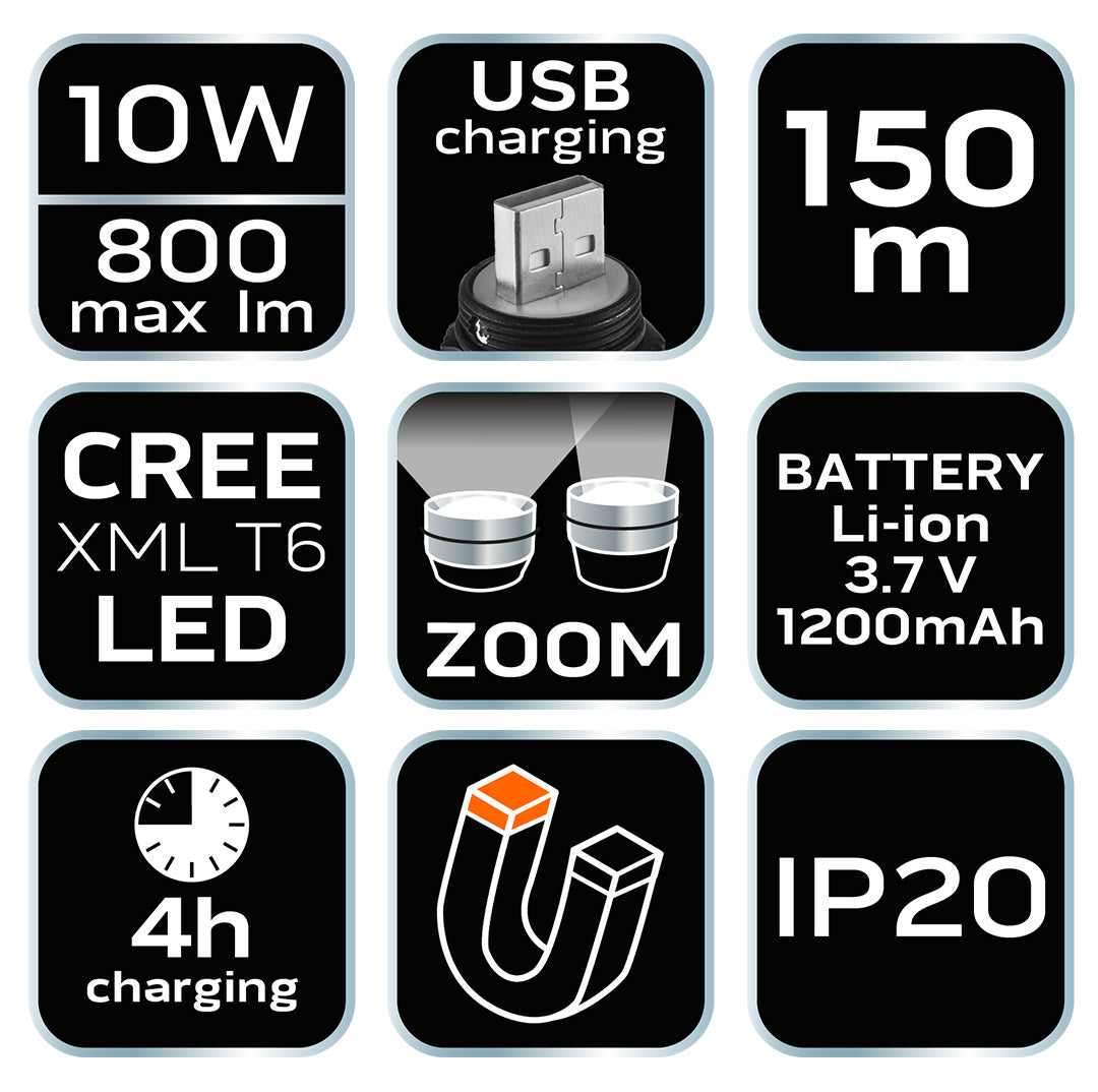 USB dobíjateľný svetlomet 800 lm CREE XML-T6 LED od NEO TOOLS nájdeš na naravis.sk
