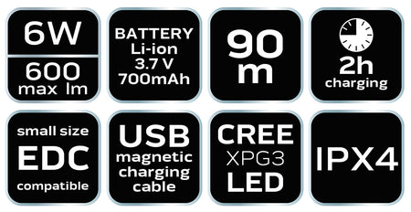 USB dobíjateľný svetlomet 600 lm USB magnetické nabíjanie CREE XPG3 LED od NEO TOOLS nájdeš na naravis.sk