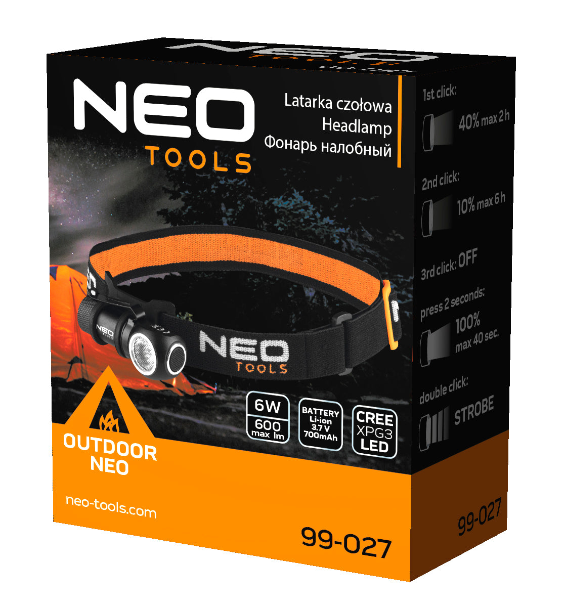 USB dobíjateľný svetlomet 600 lm USB magnetické nabíjanie CREE XPG3 LED od NEO TOOLS nájdeš na naravis.sk