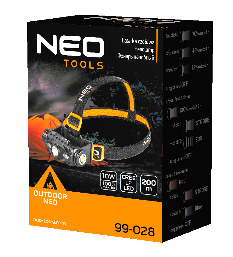 USB dobíjateľný svetlomet 1000 lm červená/modrá CREE LED + LED od NEO TOOLS nájdeš na naravis.sk