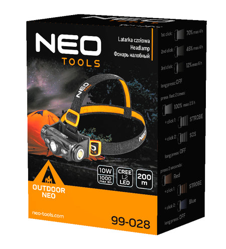 USB dobíjateľný svetlomet 1000 lm červená/modrá CREE LED + LED od NEO TOOLS nájdeš na naravis.sk