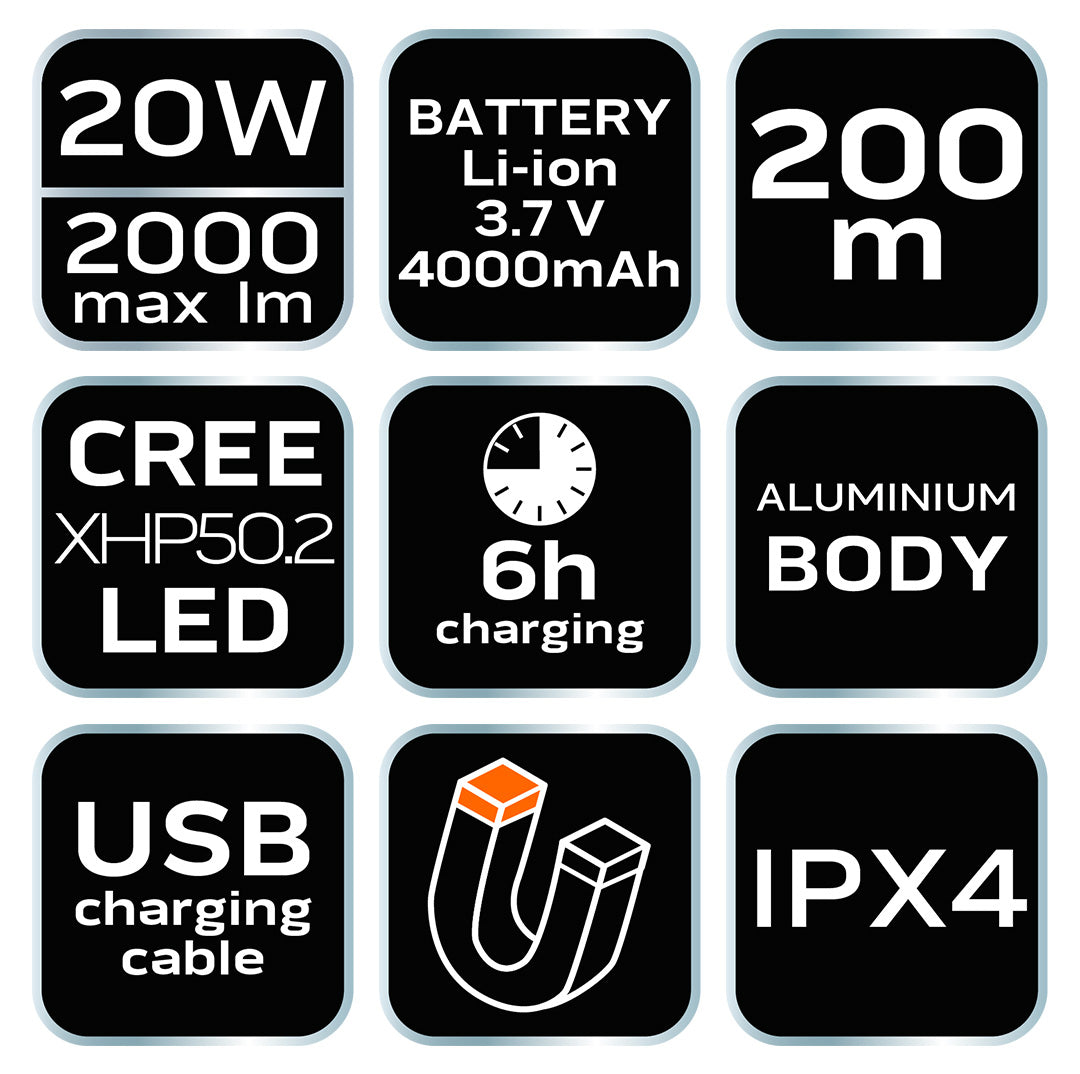 USB dobíjateľný/batériový svetlomet 2000lm CREE XHP50.2 LED od NEO TOOLS nájdeš na naravis.sk