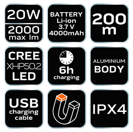 USB dobíjateľný/batériový svetlomet 2000lm CREE XHP50.2 LED od NEO TOOLS nájdeš na naravis.sk