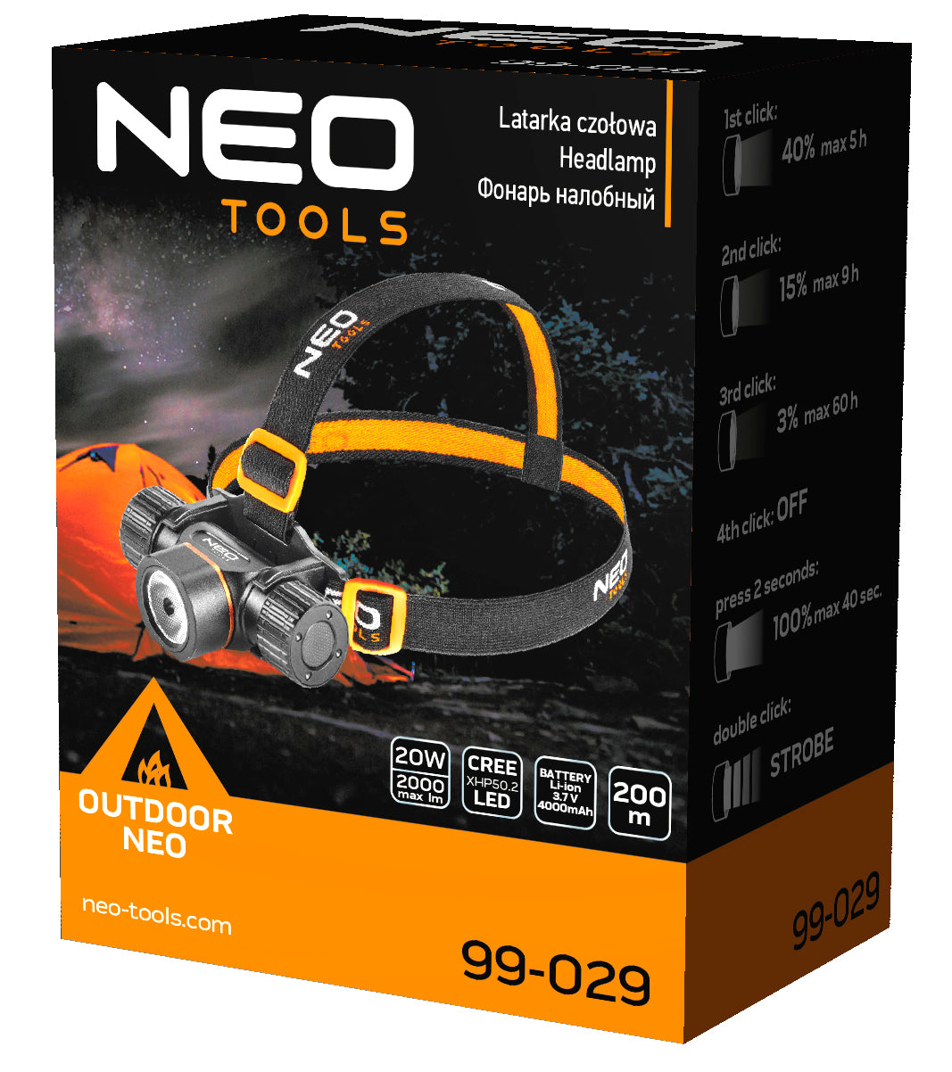 USB dobíjateľný/batériový svetlomet 2000lm CREE XHP50.2 LED od NEO TOOLS nájdeš na naravis.sk
