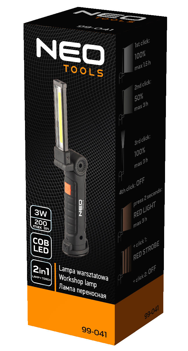 Batériová dielenská lampa 200 lm COB + baterka od NEO TOOLS nájdeš na naravis.sk