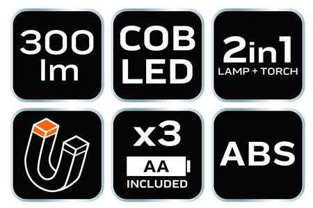 Batériová dielenská lampa 300 lm COB 2 v 1 + batérie 3xAA od NEO TOOLS nájdeš na naravis.sk
