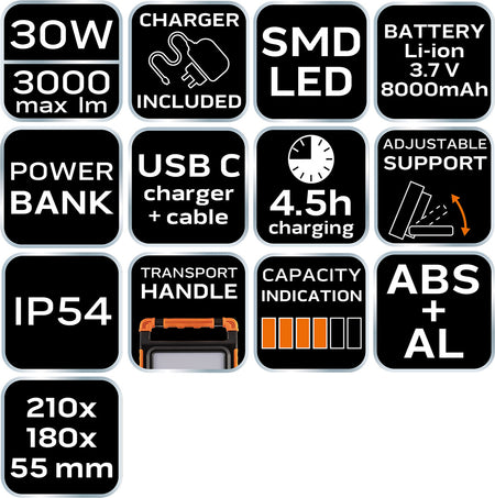 Batériová lampa 3000 lm SMD LED od NEO TOOLS nájdeš na naravis.sk