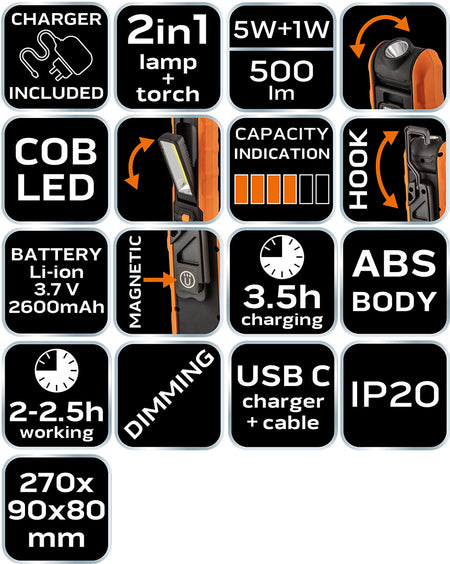 Batériová dielenská lampa 500 lm COB + základňa + nabíjačka od NEO TOOLS nájdeš na naravis.sk