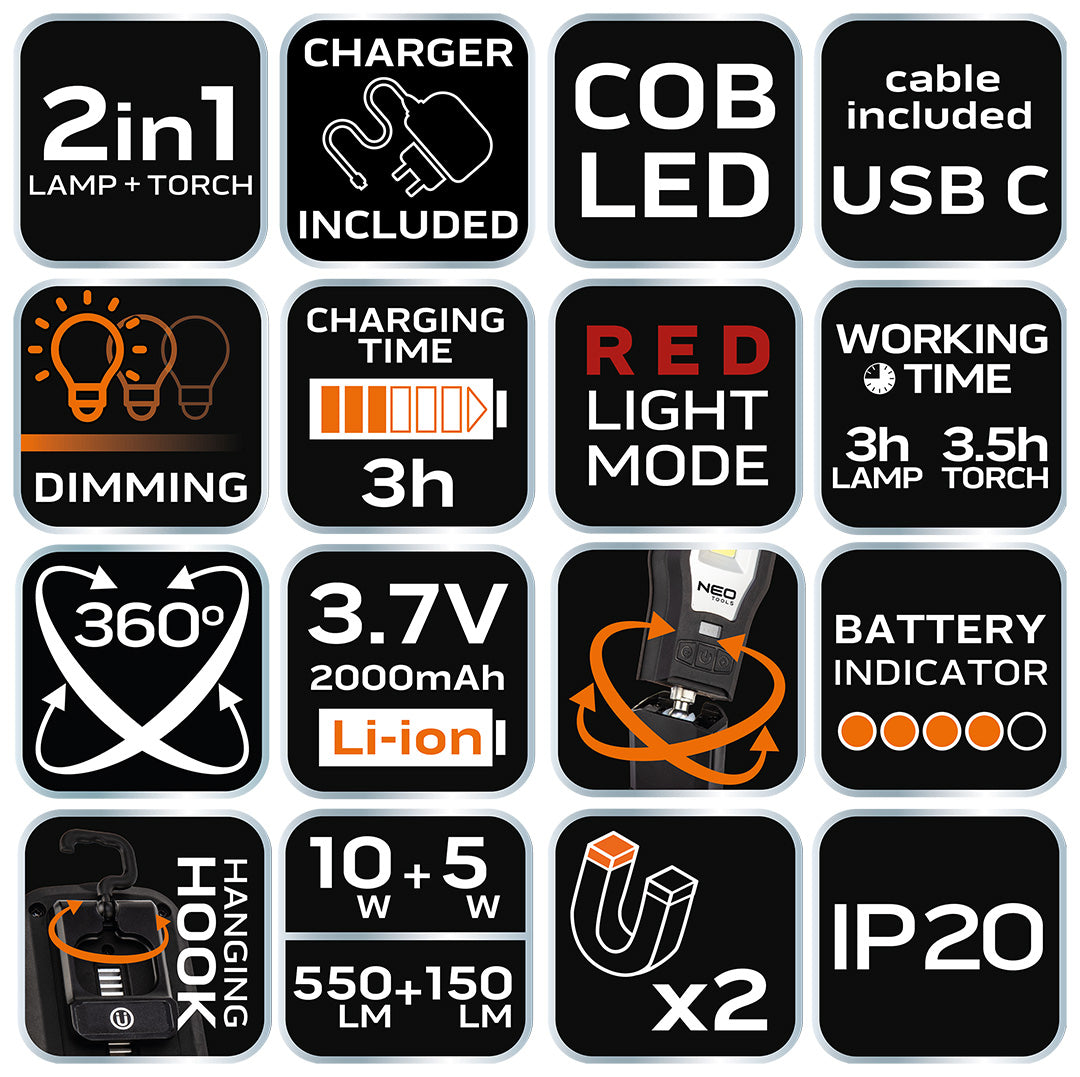 Dielenská lampa 550 lm COB LED + základňa + nabíjačka od NEO TOOLS nájdeš na naravis.sk