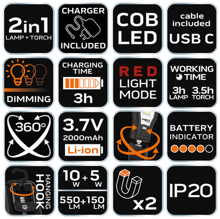 Dielenská lampa 550 lm COB LED + základňa + nabíjačka od NEO TOOLS nájdeš na naravis.sk