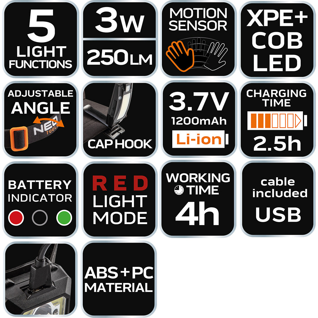 Batéria USB čelovka 250 lm COB LED + senzor pohybu od NEO TOOLS nájdeš na naravis.sk